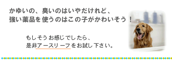 かゆいの、臭いのはいやだけれど、強い薬品を使うのはこの子がかわいそう！もしそうお感じでしたら、ぜひアースリーフをお試しください