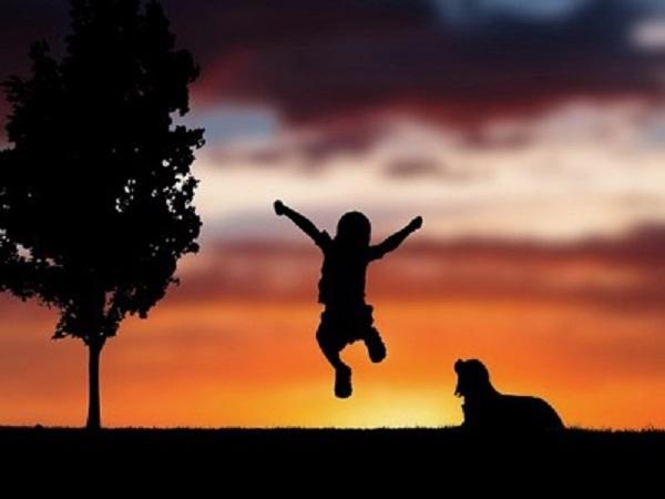 夕暮れに犬と遊ぶ子ども