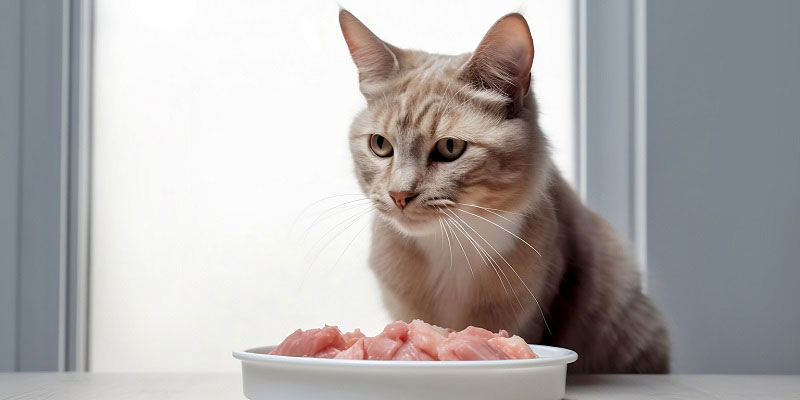 お皿に盛られた肉と猫