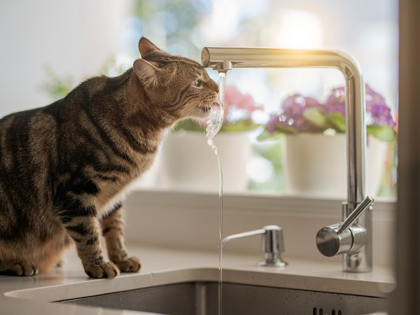 蛇口から出る水を飲む猫