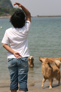 水遊びをするまろんと家族