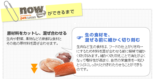 NOW FRESHができるまで 1.材料をカットし混ぜ合わせる(こだわり:生の食材を混ぜる前に細かく切り刻む)