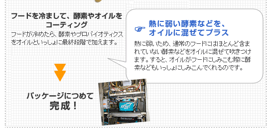 フードをさまして、酵素やオイルをコーティング(こだわり:熱に弱い酵素などを、オイルに混ぜてプラス) パッケージにつめて完成!