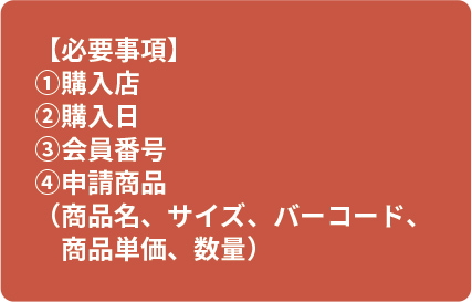 【必要事項】①購入店 ②購入日③会員番号 ④申請商品（商品名、サイズ、バーコード、商品単価、数量）