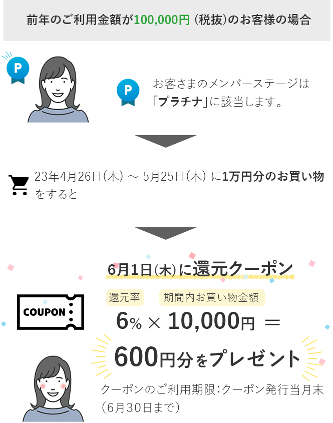 具体的なケースで説明　前年のご利用金額が100,000円 (税抜)のお客様の場合